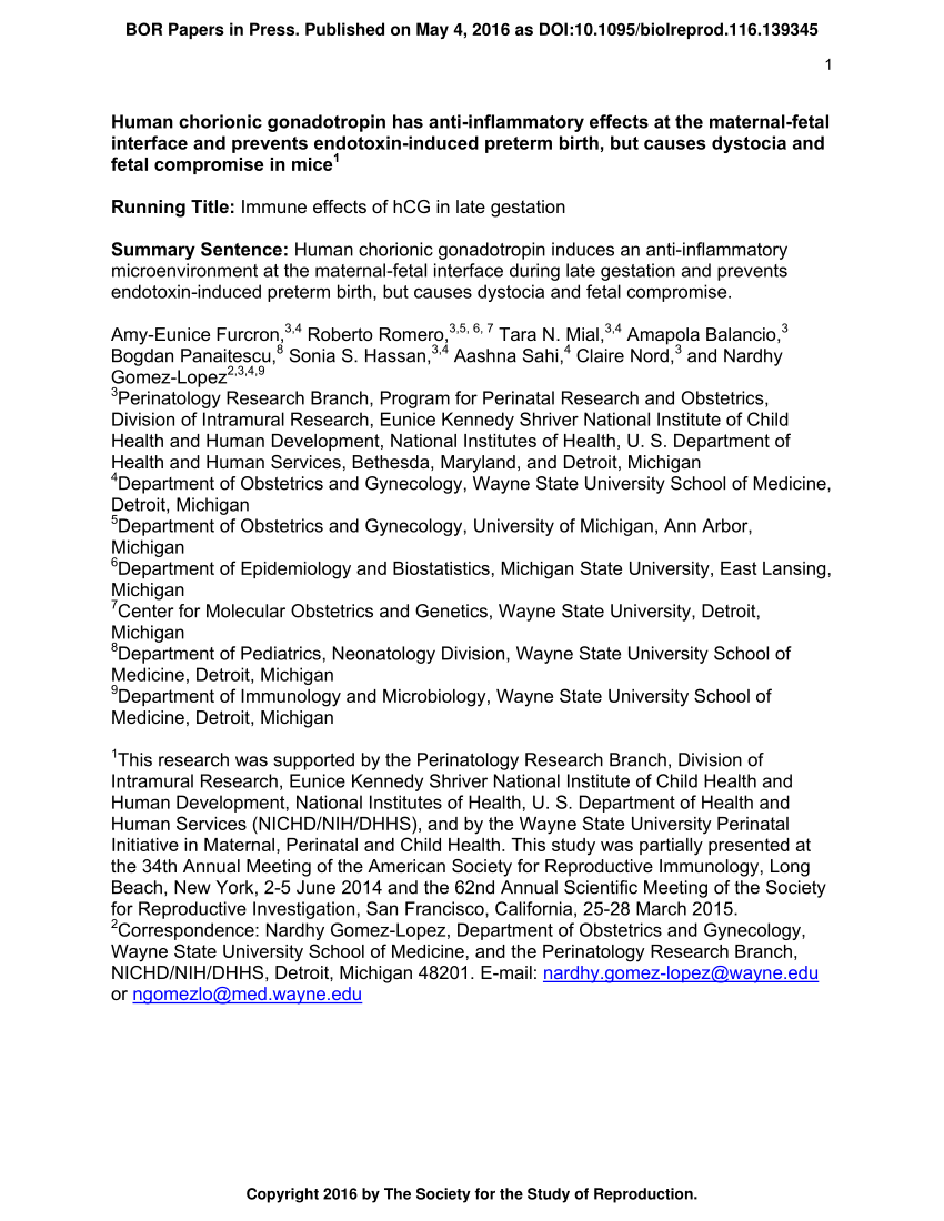 PDF) Human Chorionic Gonadotropin Has Anti-Inflammatory Effects at the  Maternal-Fetal Interface and Prevents Endotoxin-Induced Preterm Birth, but  Causes Dystocia and Fetal Compromise in Mice