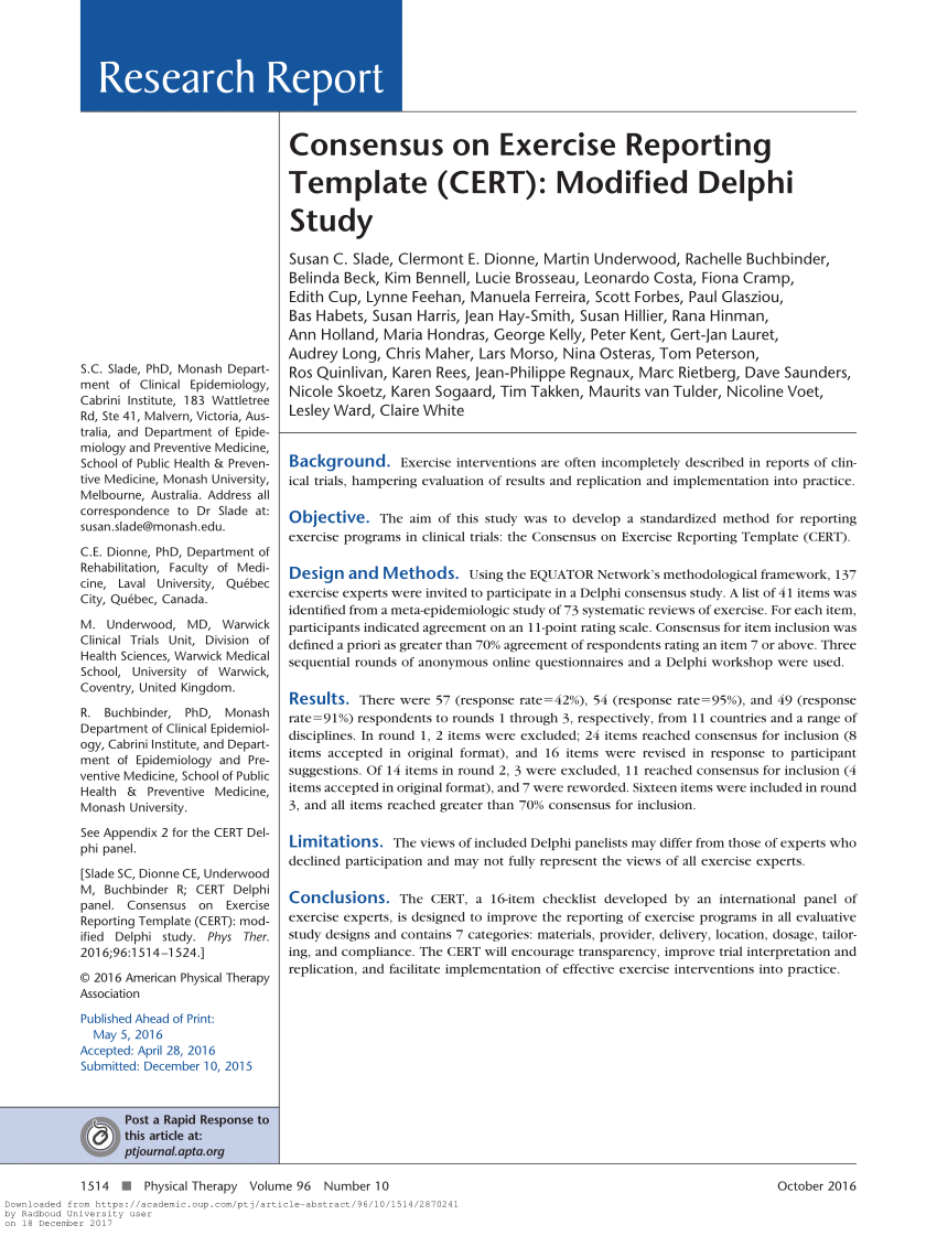 PDF) Consensus on Exercise Reporting Template (CERT): Modified In Trial Report Template