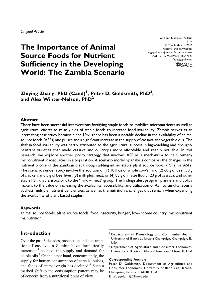 PDF) The Importance of Animal Source Foods for Nutrient Sufficiency in the  Developing World: The Zambia Scenario