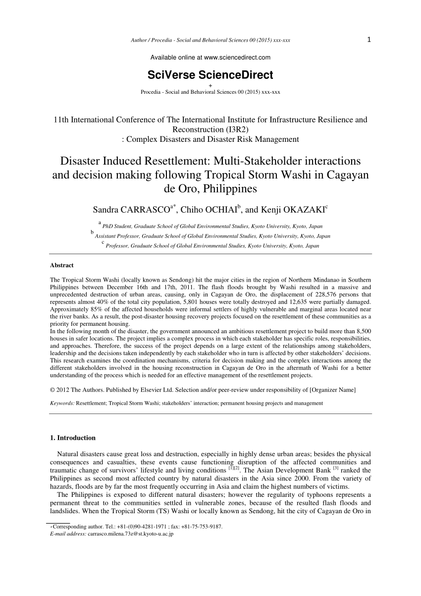 PDF) Disaster-Induced Resettlement: Multi-Stakeholder interactions and  decision making following Tropical Storm Washi in Cagayan de Oro,  Philippines