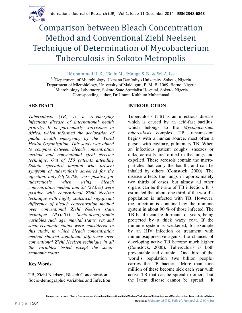 Pdf Comparison Between Bleach Concentration Method And Conventional Ziehl Neelsen Technique Of Determination Of Mycobacterium Tuberculosis In Sokoto Comparison Between Bleach Concentration Method And Conventional Ziehl Neelsen Technique Of