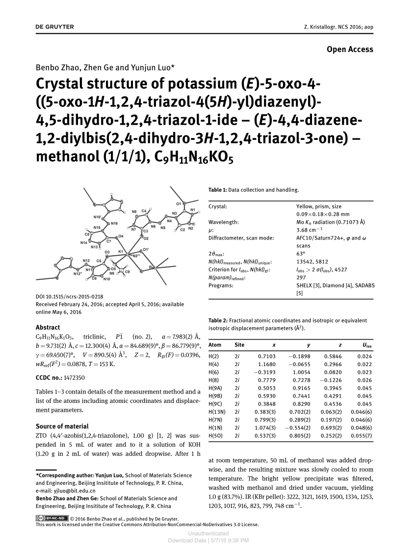 Pdf Crystal Structure Of Potassium E 5 Oxo 4 5 Oxo 1h 1 2 4 Triazol 4 5h Yl Diazenyl 4 5 Dihydro 1 2 4 Triazol 1 Ide E 4 4 Diazene 1 2 Diylbis 2 4 Dihydro 3h 1 2 4 Triazol 3 One Methanol 1 1 1 C9h11n16ko5