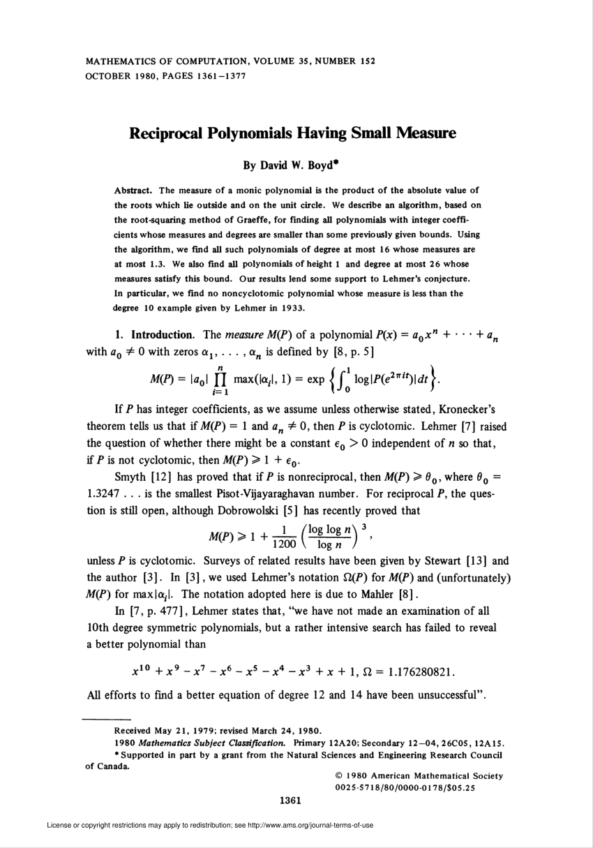 Pdf Reciprocal Polynomials Having Small Measure