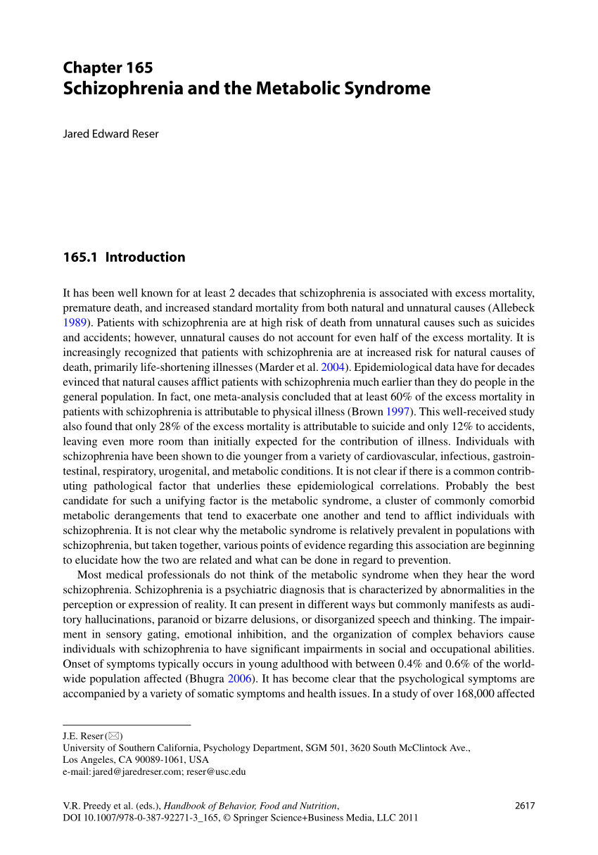 Pdf Schizophrenia And The Metabolic Syndrome