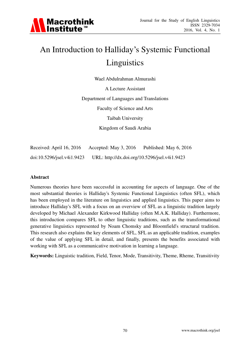 Systemic Functional Linguistics As A Model For Text Analysis