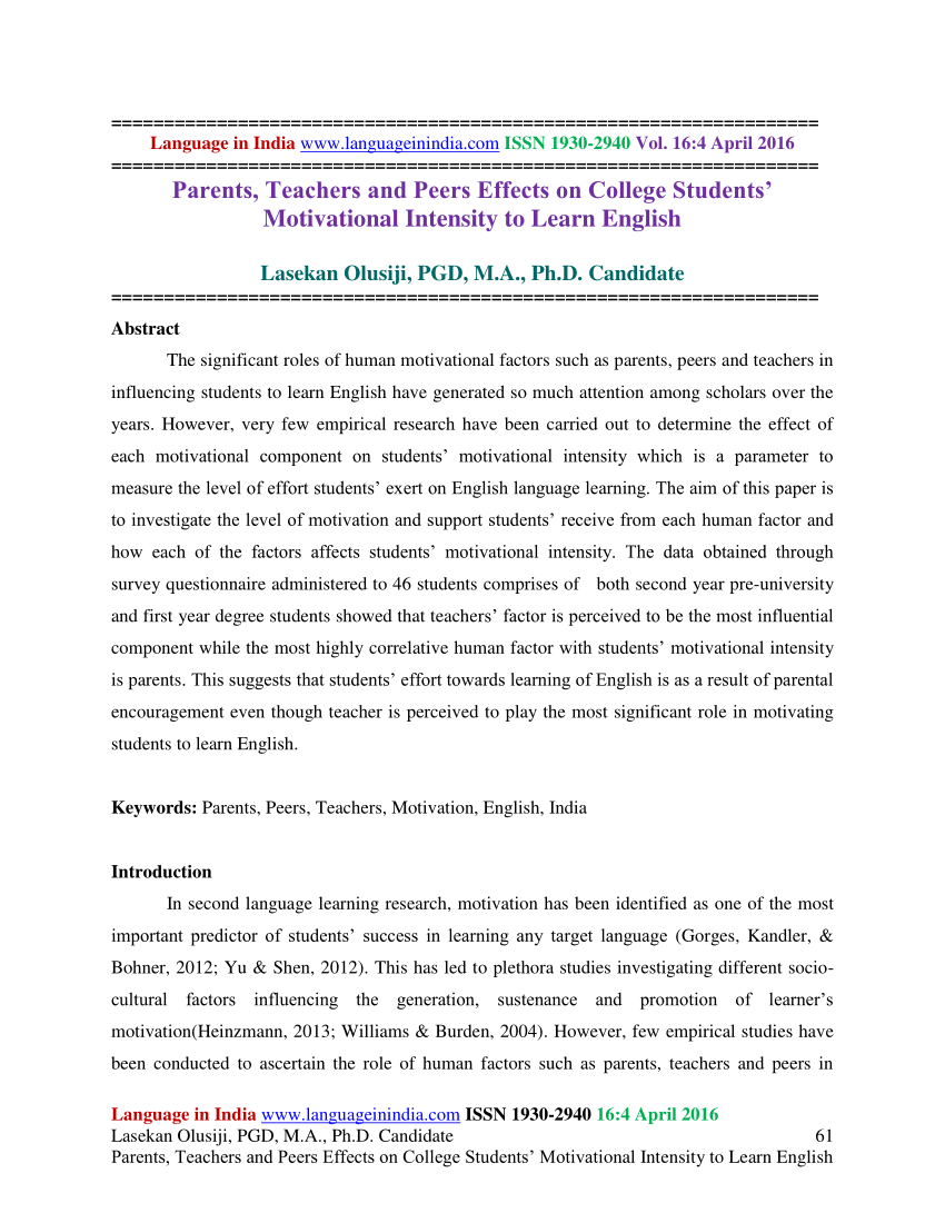 PDF) Parents, Teachers and Peers Effects on College Students ...
