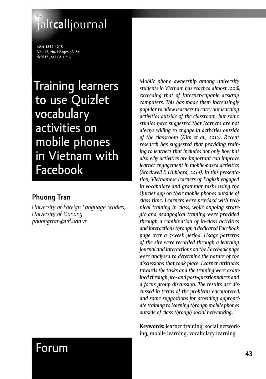 Pdf Training Learners To Use Quizlet Vocabulary Activities On Mobile Phones In Vietnam With Facebook