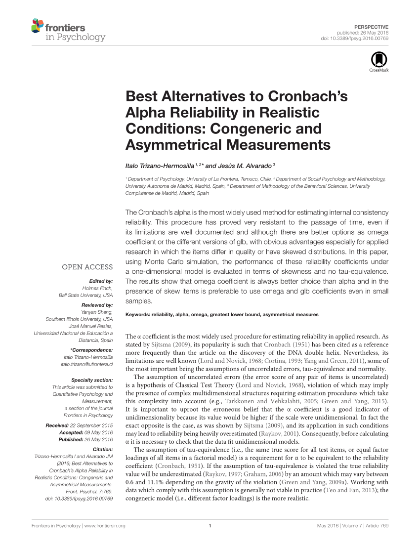 Pdf Best Alternatives To Cronbach S Alpha Reliability In Realistic Conditions Congeneric And Asymmetrical Measurements