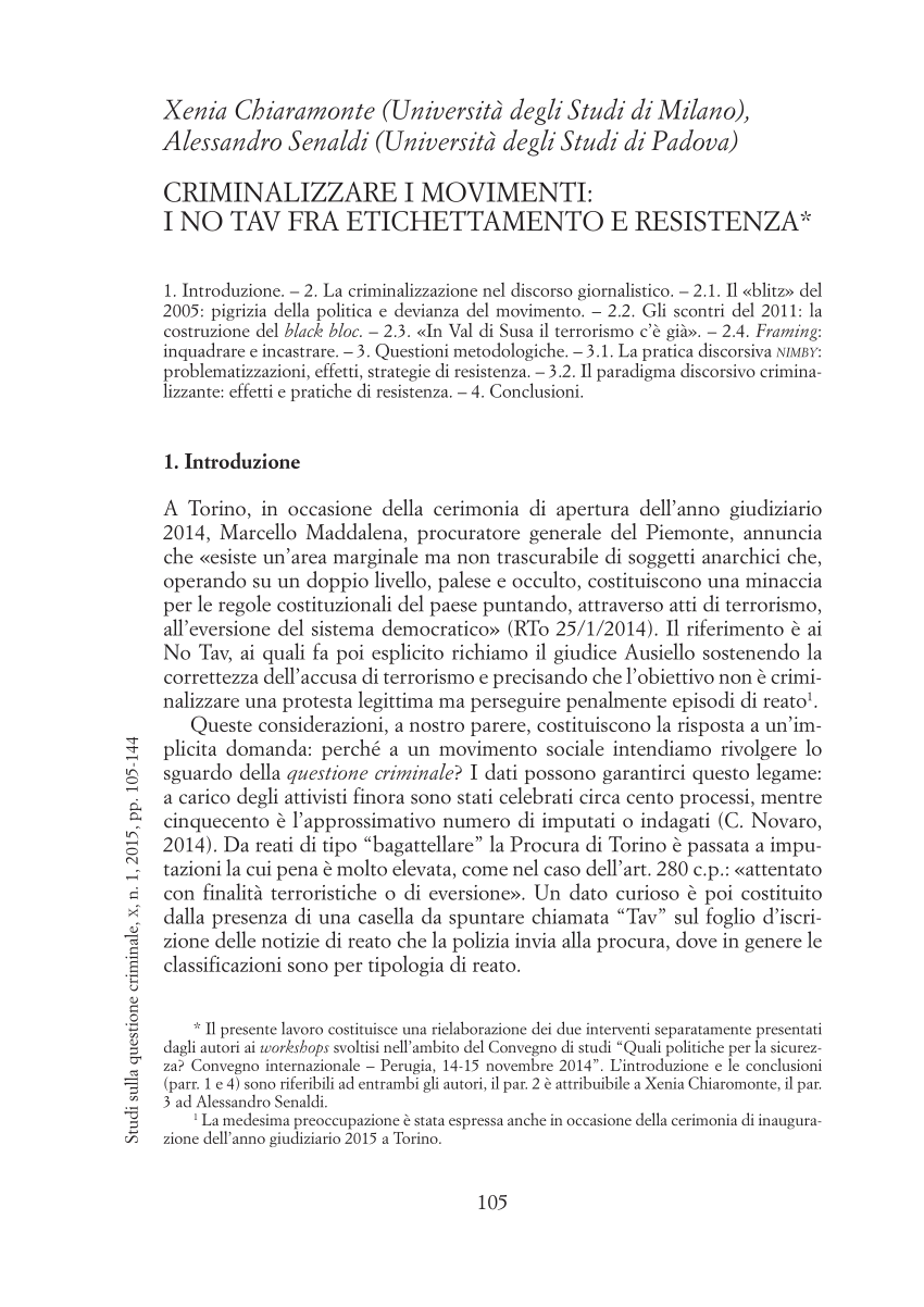 PDF Criminalizzare i movimenti I no tav fra etichettamento e  