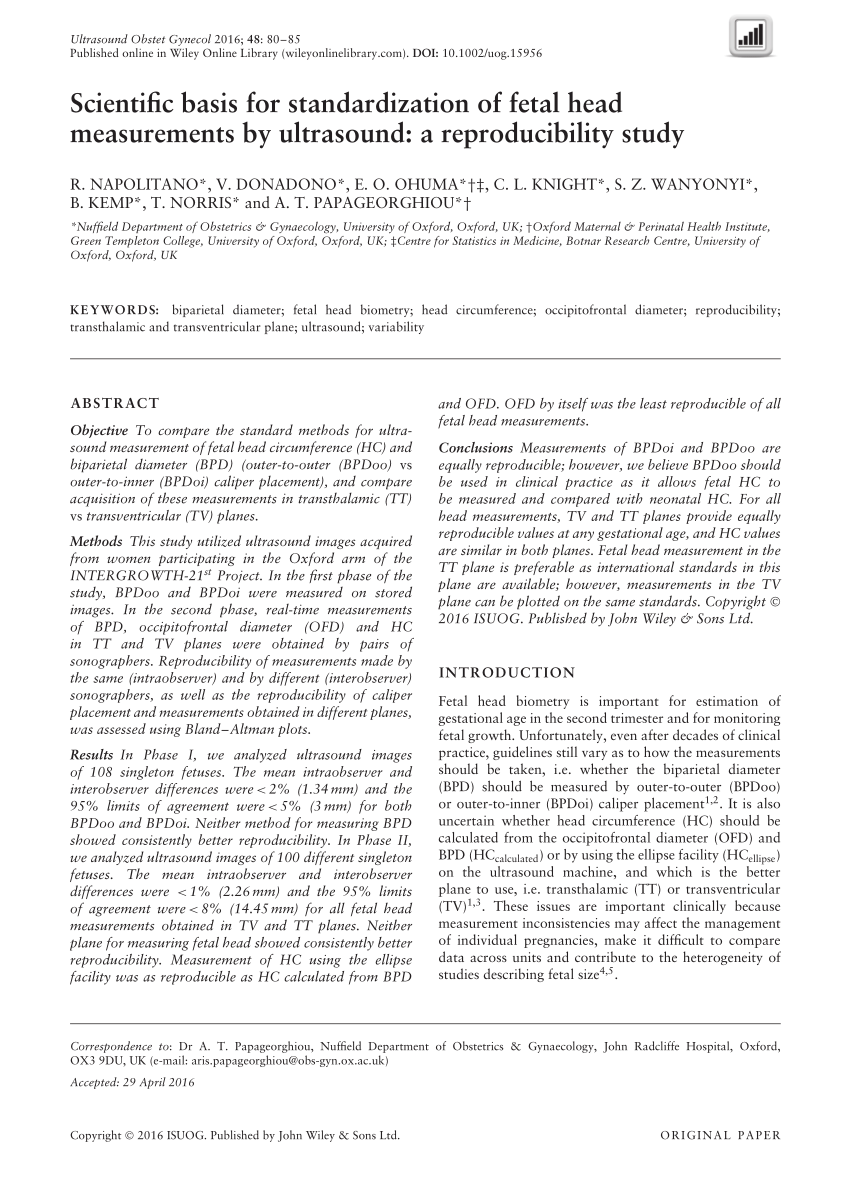 Pdf Scientific Basis For The Standardisation Of Fetal Head Measurements By Ultrasound A 