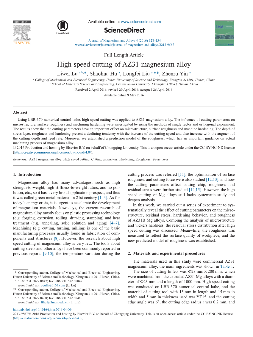 Pdf High Speed Cutting Of Az31 Magnesium Alloy