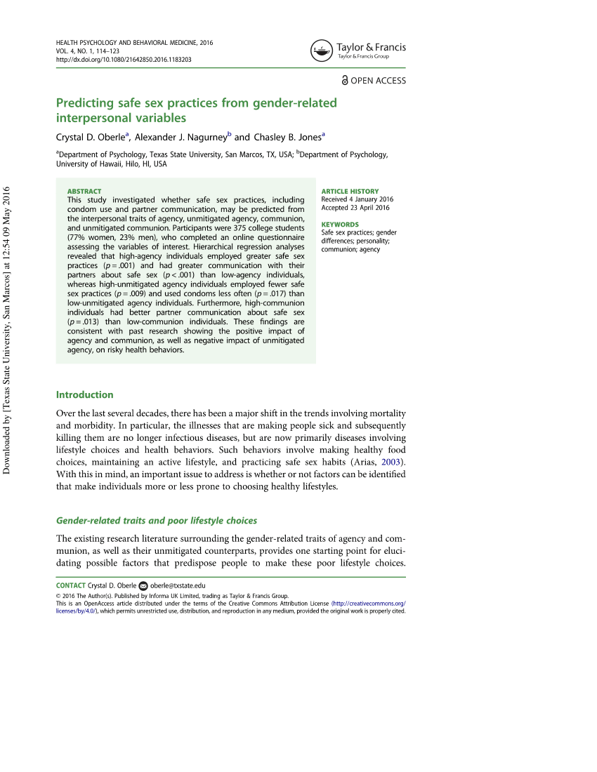 PDF) Predicting safe sex practices from gender-related interpersonal  variables