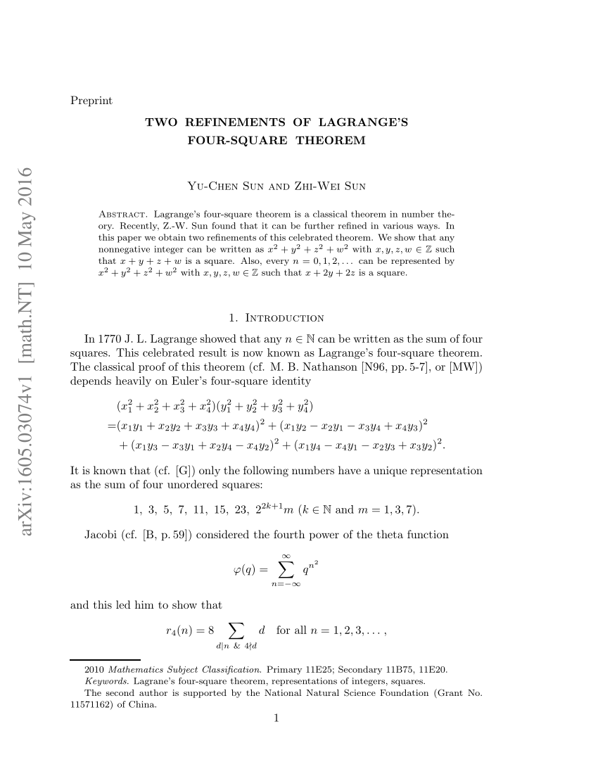 PDF) Two refinements of Lagrange's four-square theorem