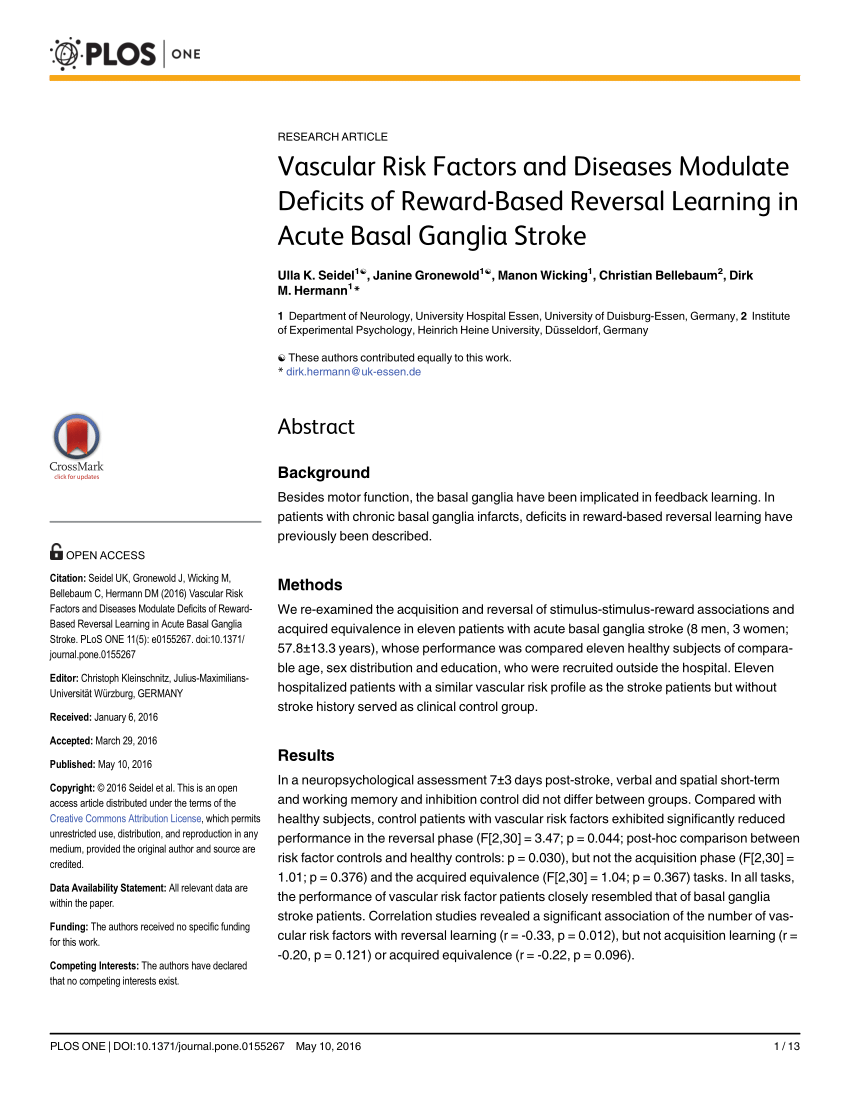 Pdf Vascular Risk Factors And Diseases Modulate Deficits Of Reward Based Reversal Learning In