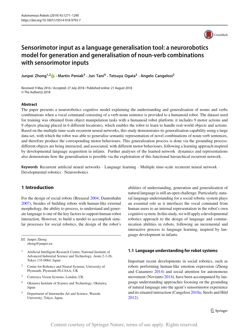 Pdf Sensorimotor Input As A Language Generalisation Tool A Neurorobotics Model For Generation And Generalisation Of Noun Verb Combinations With Sensorimotor Inputs