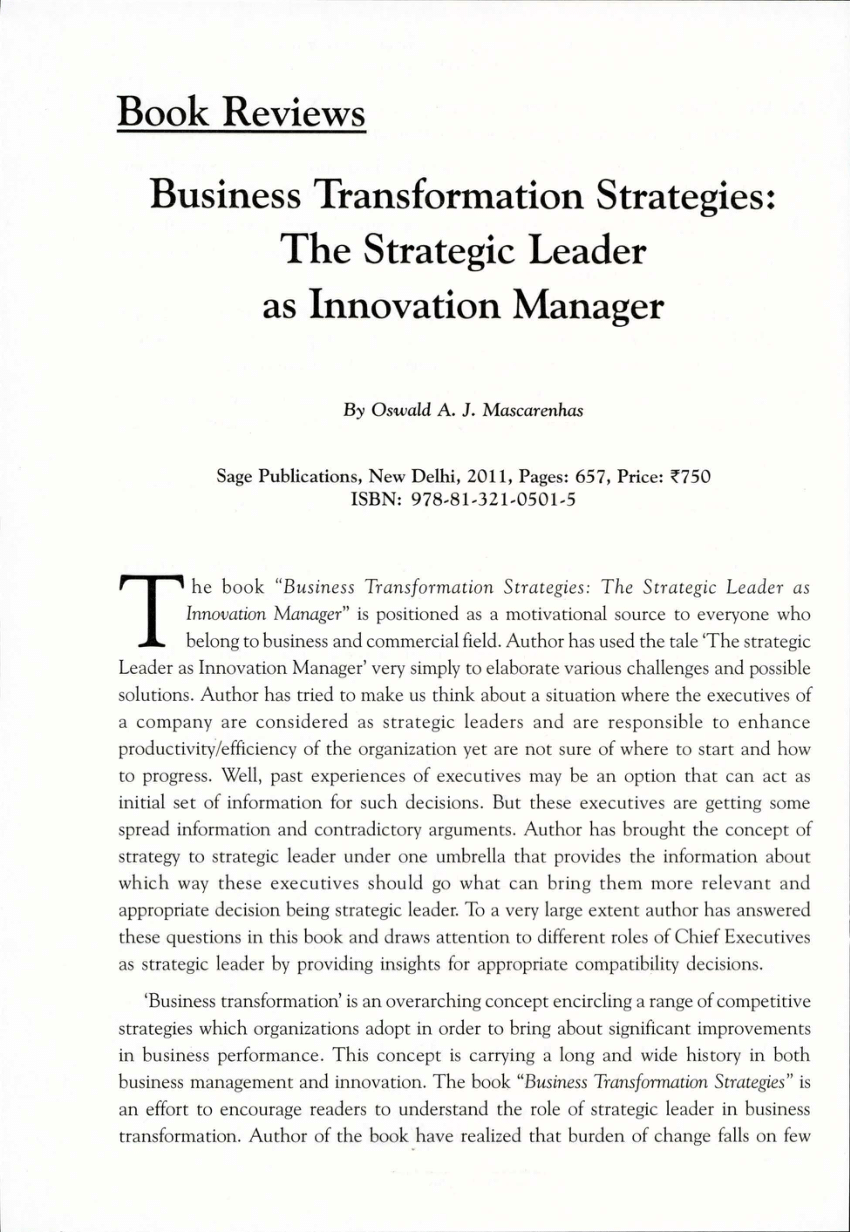Sage Academic Books - Business Transformation Strategies: The Strategic  Leader as Innovation Manager