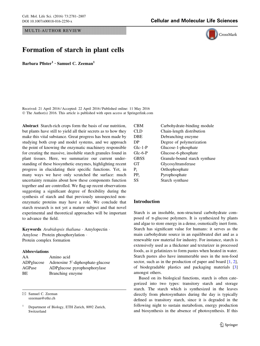 PDF) Formation of starch in plant cells