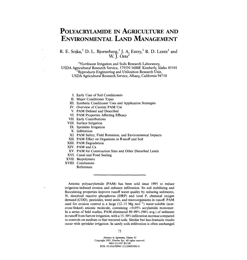 PDF) Polyacrylamide (PAM) in agriculture and environmental land