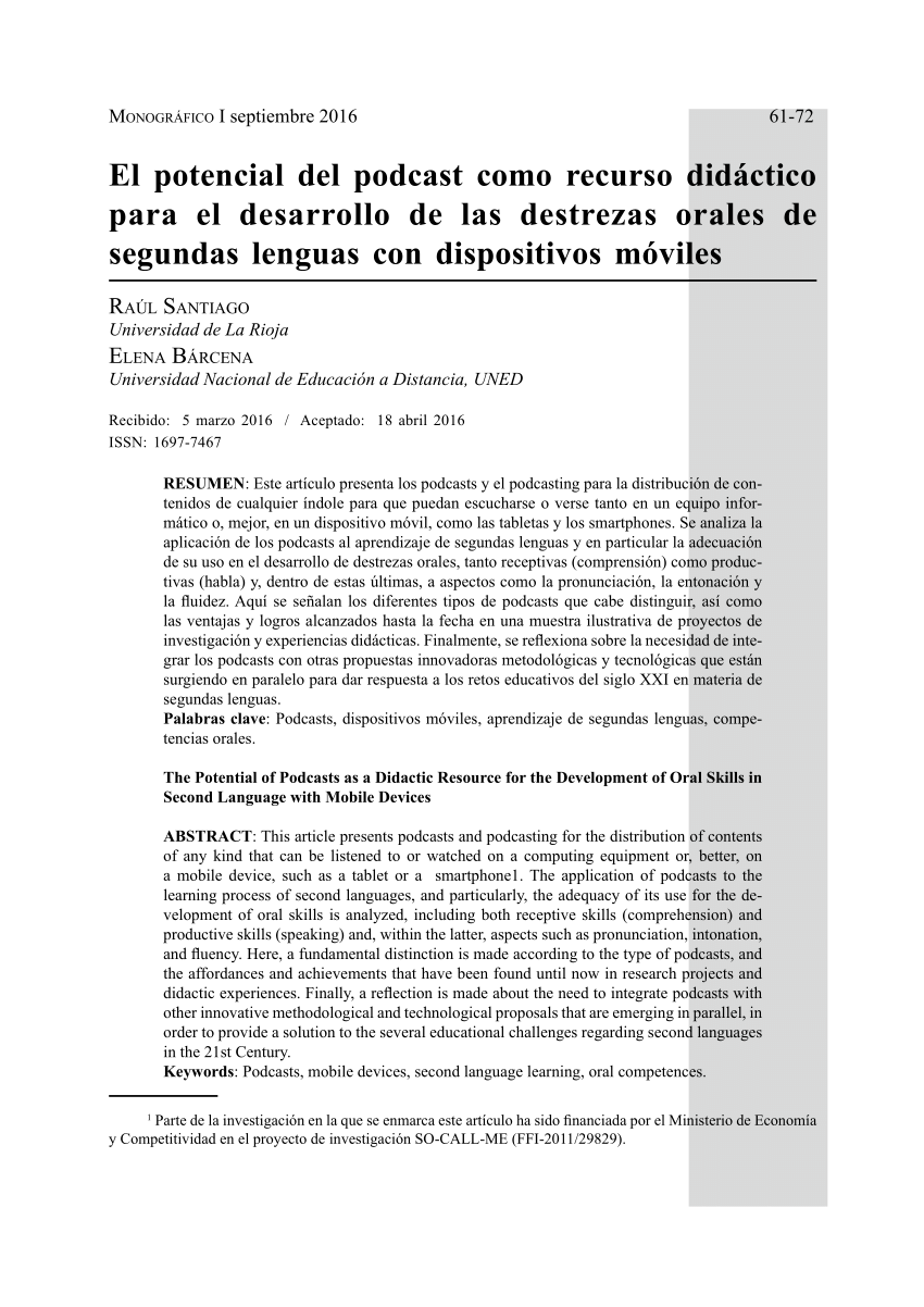 Pdf El Potencial Del Podcast Como Recurso Didactico Para El Desarrollo De Las Destrezas Orales De Segundas Lenguas Con Dispositivos Moviles