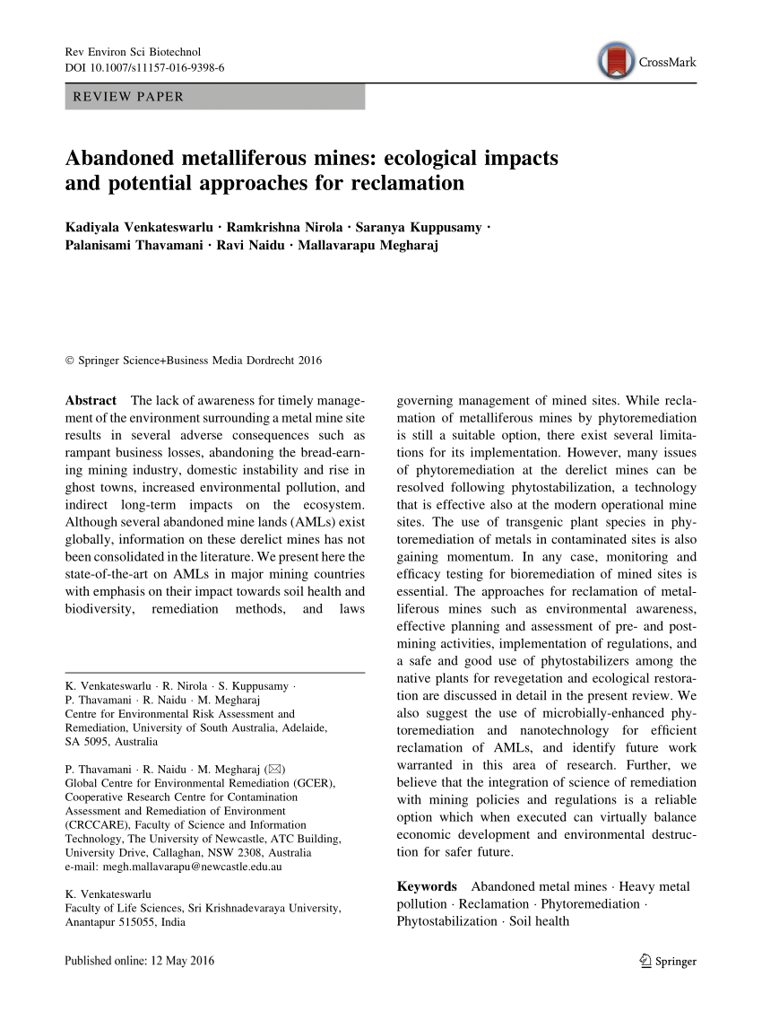Pdf Abandoned Metalliferous Mines Ecological Impacts And Potential Approaches For Reclamation