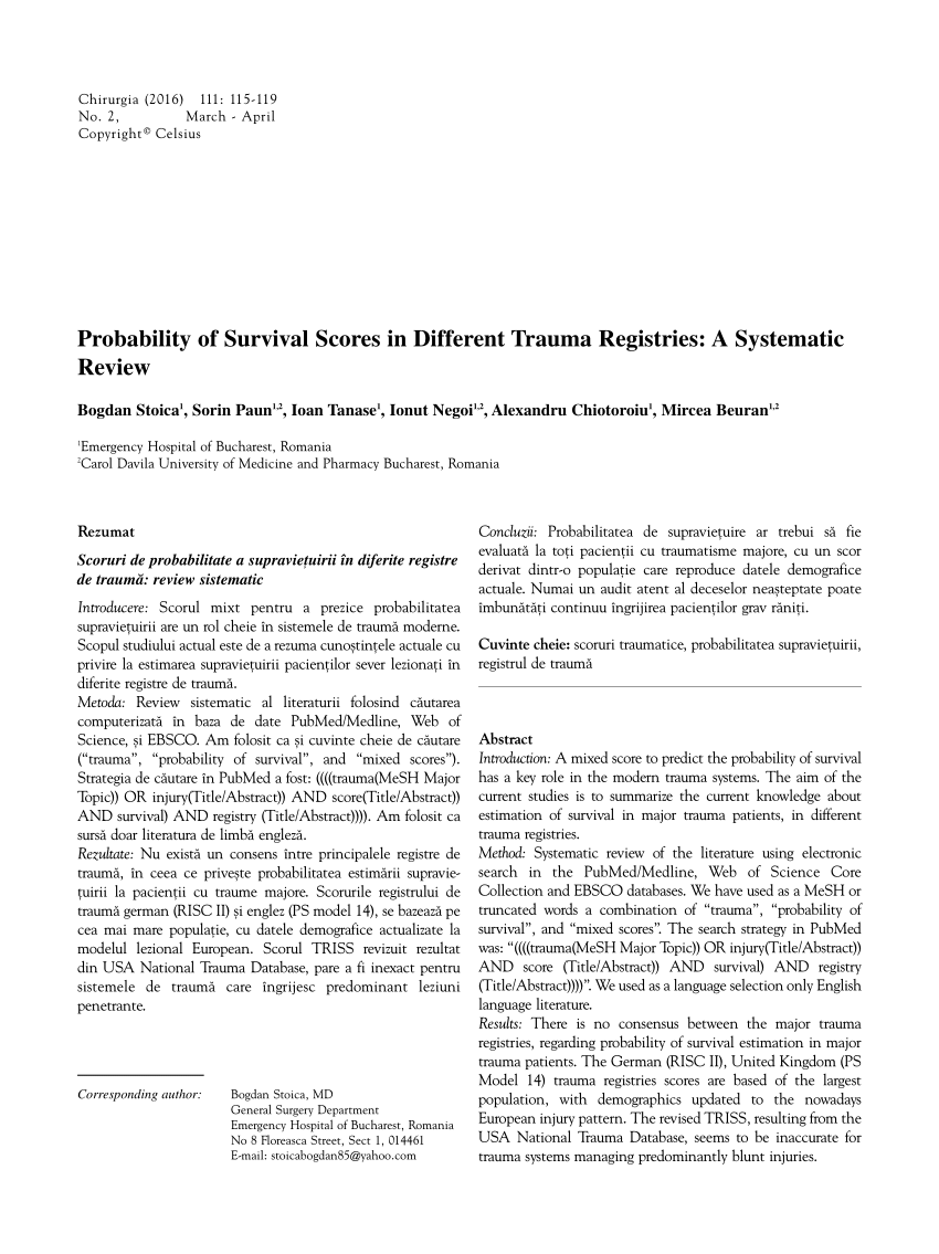 Pdf Probability Of Survival Scores In Different Trauma Registries
