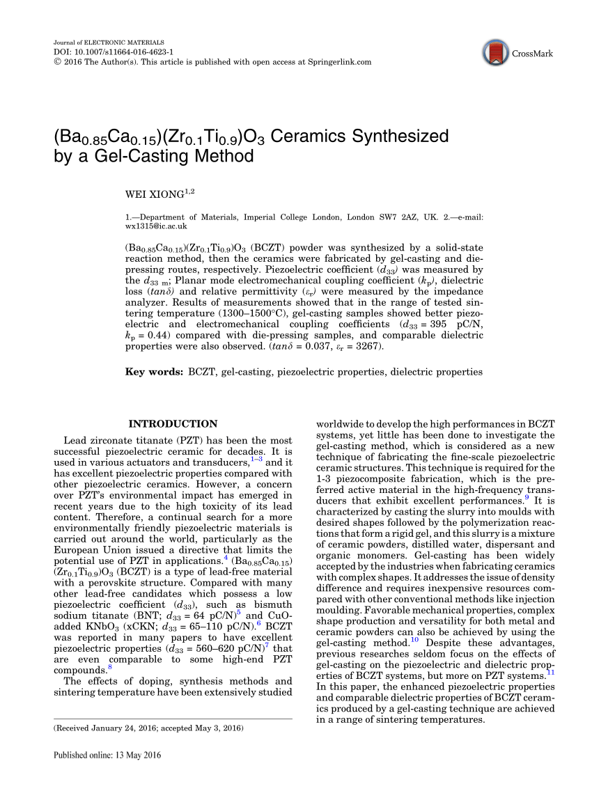 PDF) (Ba0.85Ca0.15)(Zr0.1Ti0.9)O3 Ceramics Synthesized by a Gel ...