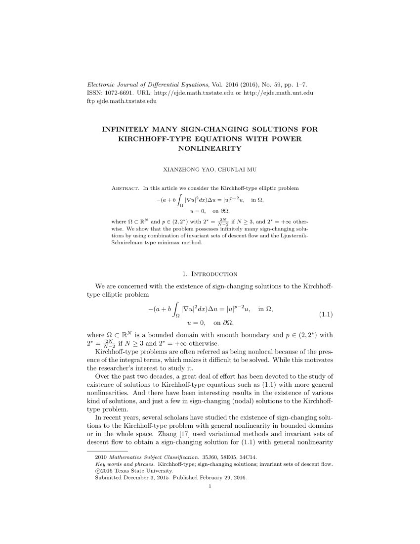 Pdf Infinitely Many Sign Changing Solutions For Kirchhoff Type Equations With Power Nonlinearity
