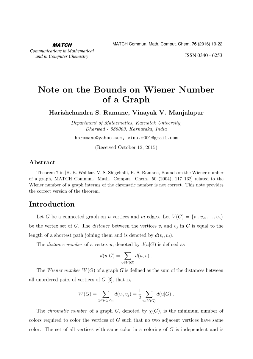 Pdf Note On The Bounds On Wiener Number Of A Graph