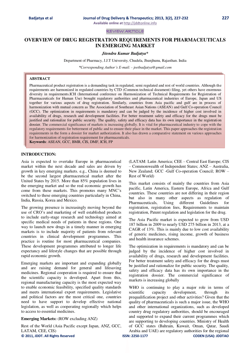 Pdf Overview Of Drug Registration Requirements For Pharmaceuticals In Emerging Market