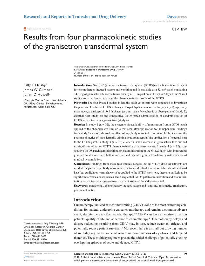 PDF) from pharmacokinetic studies of the granisetron transdermal system