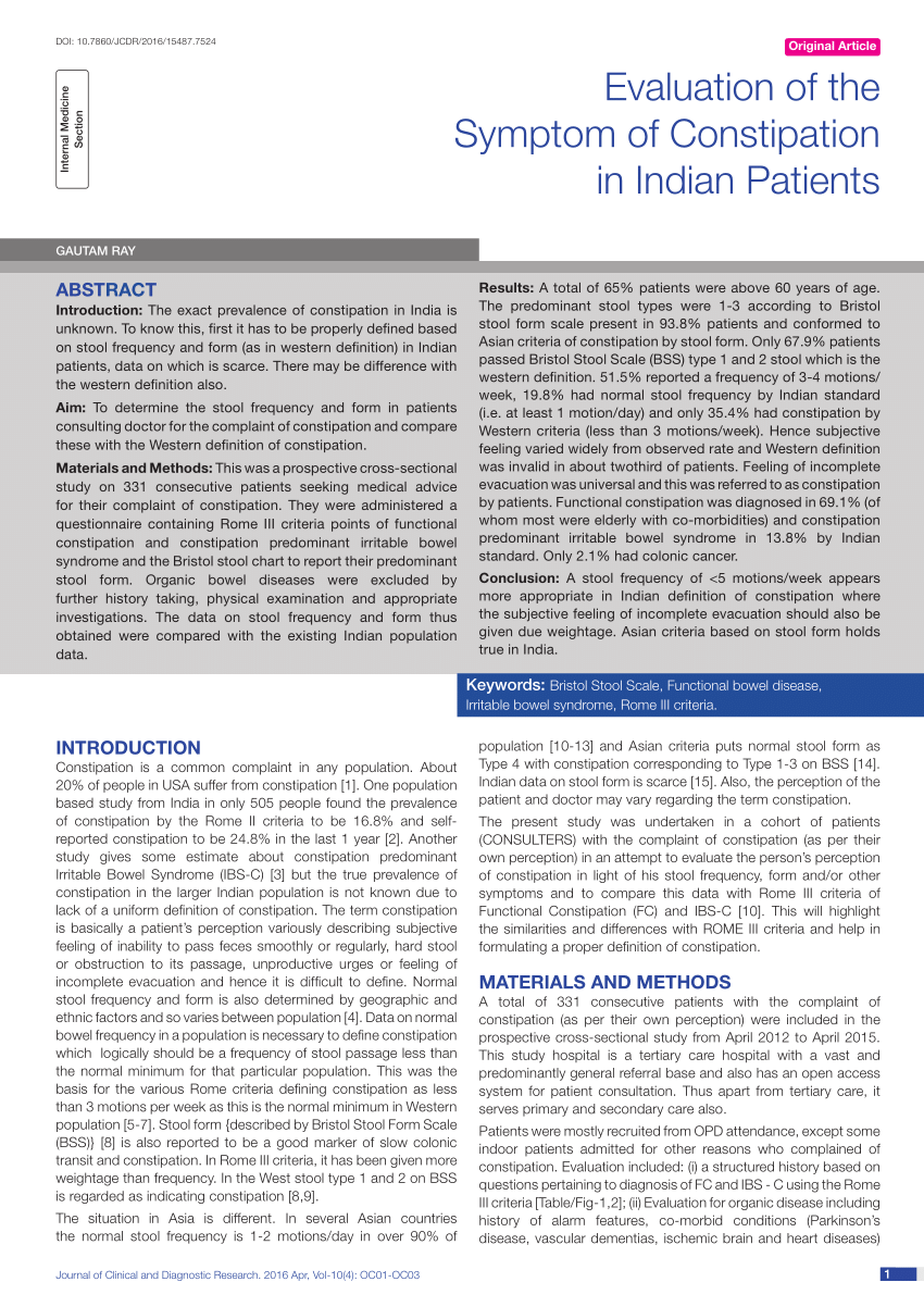 (PDF) Evaluation of the Symptom of Constipation in Indian Patients