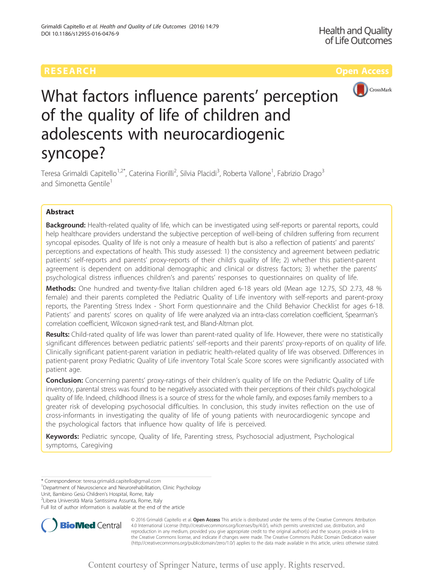 Pdf What Factors Influence Parents Perception Of The Quality Of Life Of Children And Adolescents With Neurocardiogenic Syncope