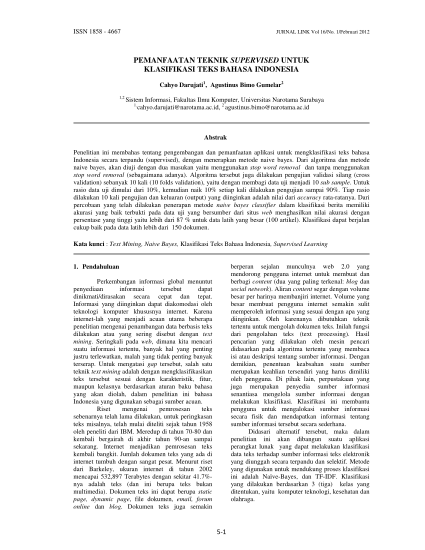 Pdf Pemanfaatan Teknik Supervised Untuk Klasifikasi Teks Bahasa Indonesia