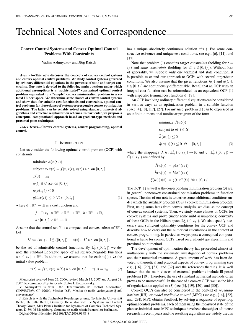 Pdf Convex Control Systems And Convex Optimal Control Problems With Constraints