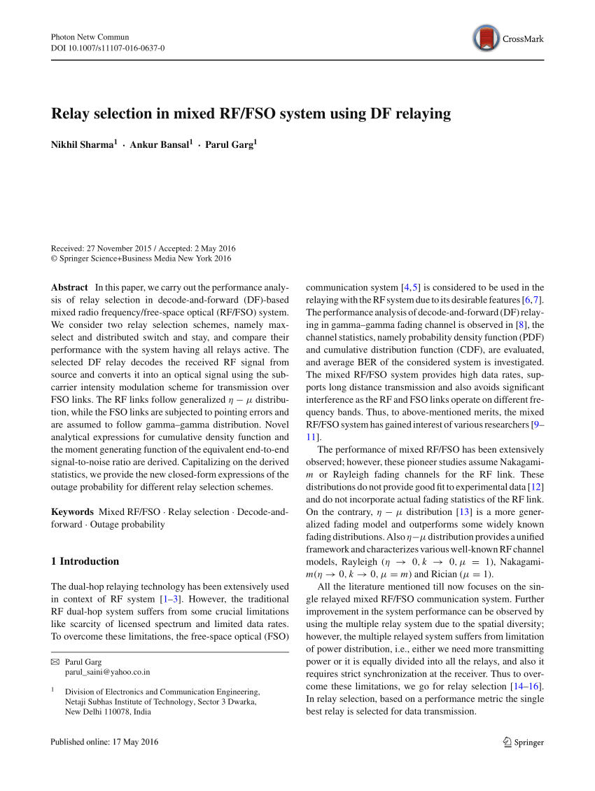 (PDF) Relay selection in mixed RF/FSO system using DF relaying