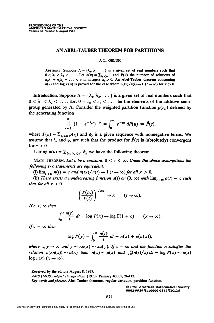 Pdf An Abel Tauber Theorem For Partitions