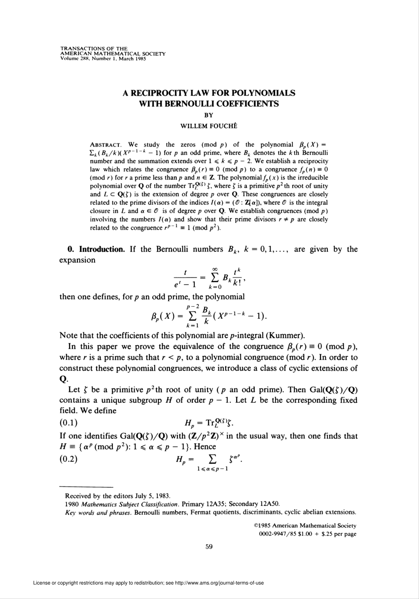 Pdf A Reciprocity Law For Polynomials With Bernoulli Coefficients