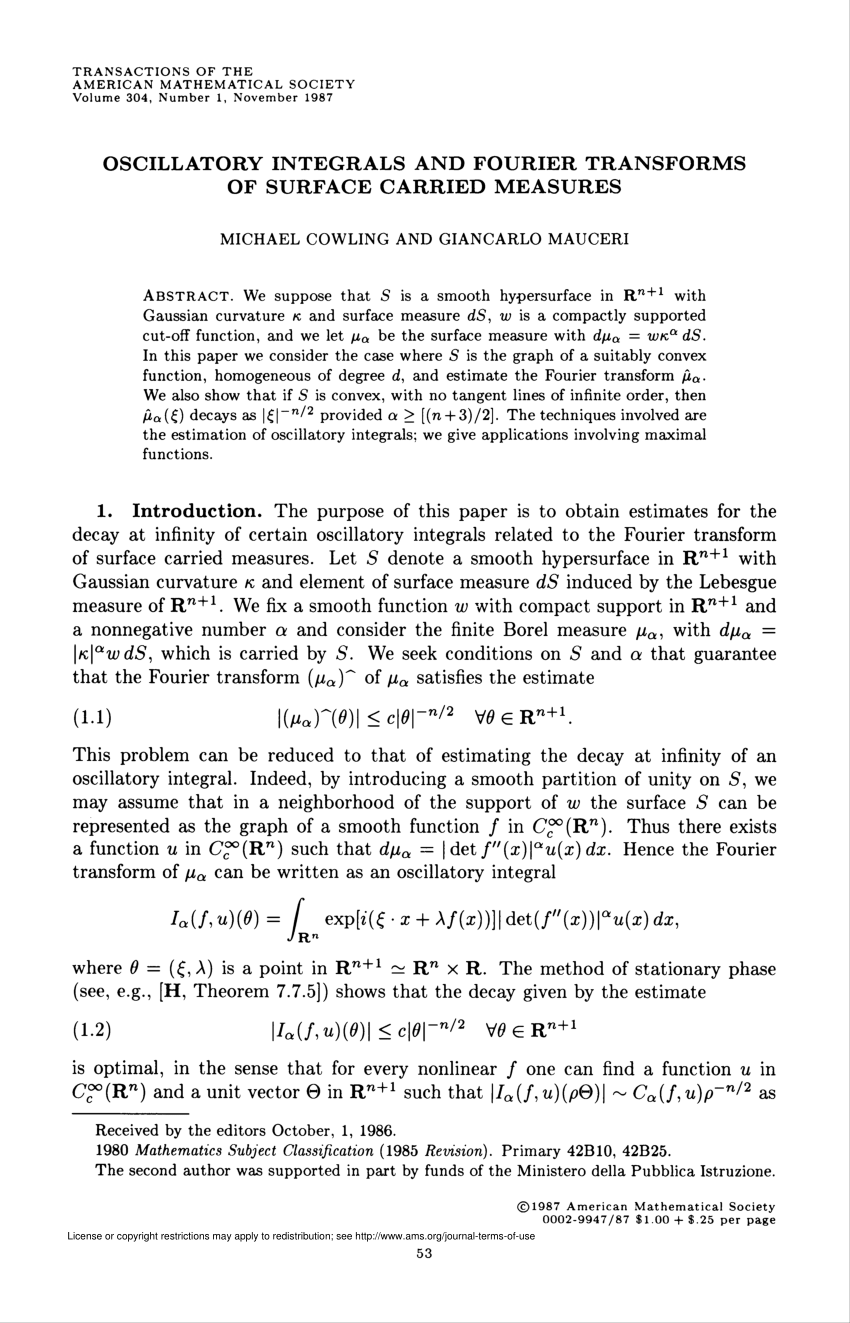 Pdf Oscillatory Integrals And Fourier Transforms Of Surface Carried Measures