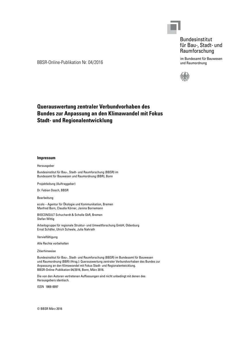 PDF Querauswertung zentraler Verbundvorhaben des Bundes zur Anpassung an den Klimawandel mit Fokus Stadt und Regionalentwicklung