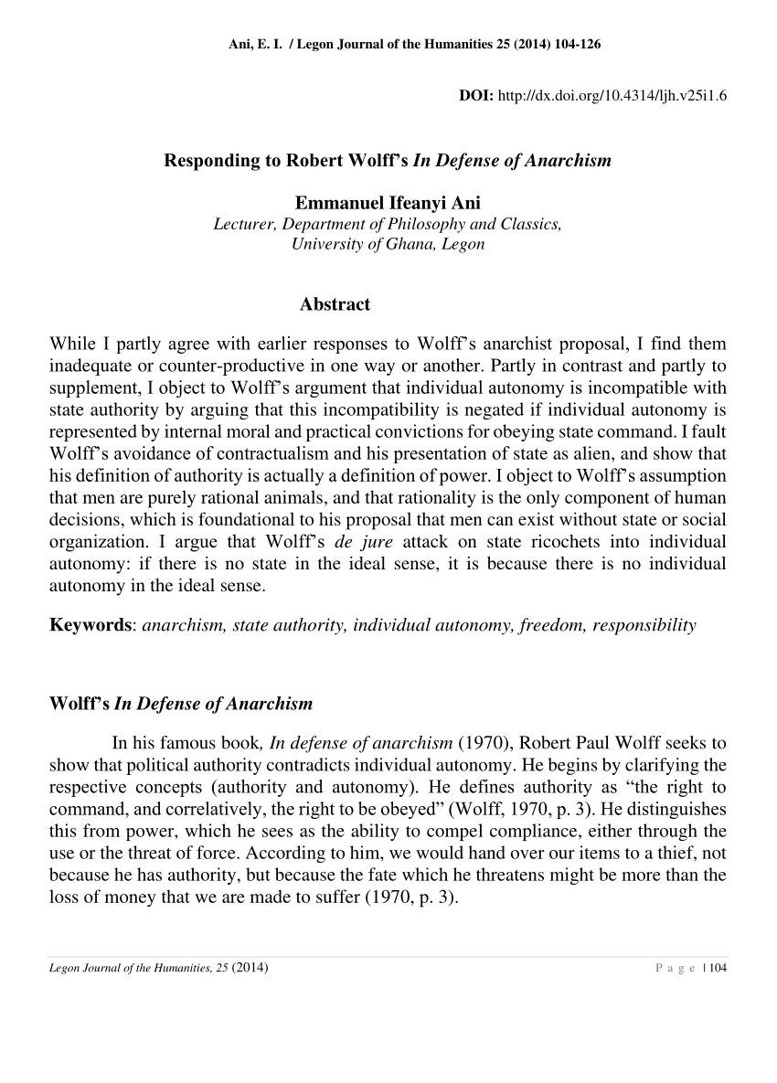 (PDF) Responding to Robert Wolff’s In Defense of Anarchism