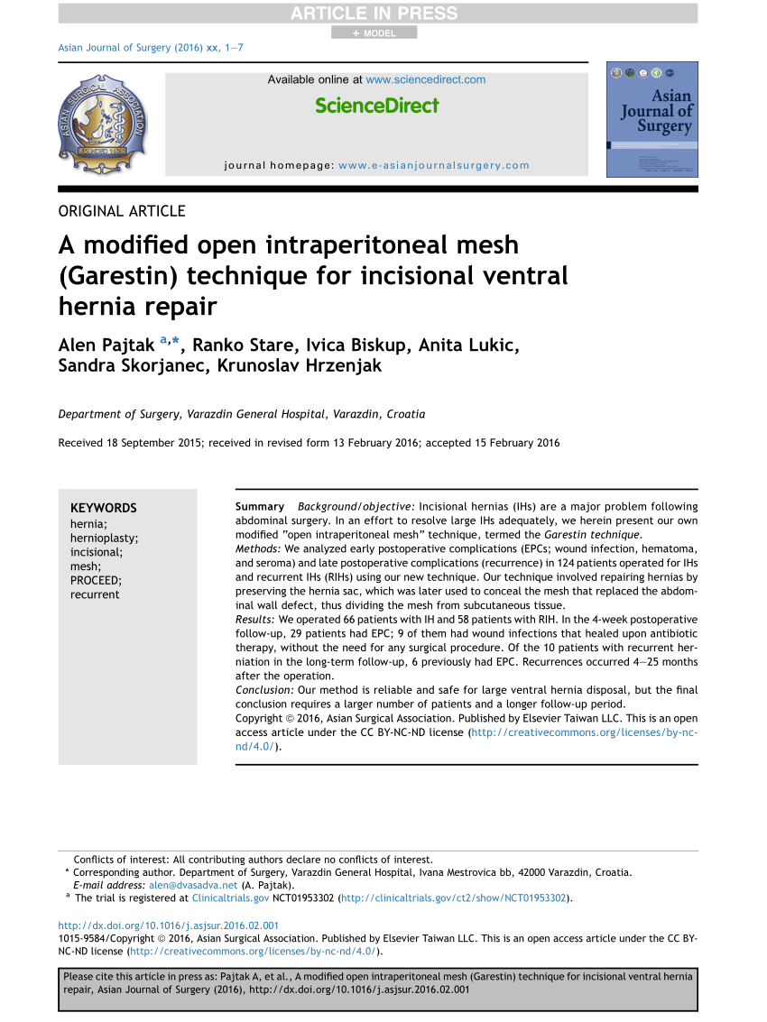 PDF) A modified open intraperitoneal mesh (Garestin) technique for  incisional ventral hernia repair