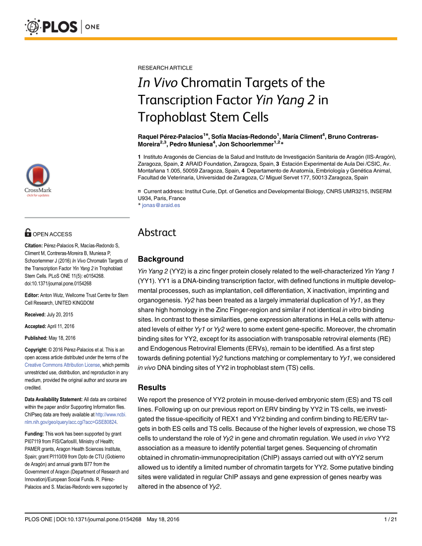 Pdf In Vivo Chromatin Targets Of The Transcription Factor Yin Yang 2 In Trophoblast Stem Cells