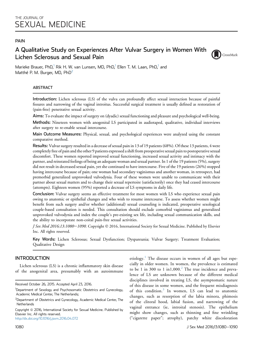 PDF) A Qualitative Study on Experiences After Vulvar Surgery in Women With  Lichen Sclerosus and Sexual Pain