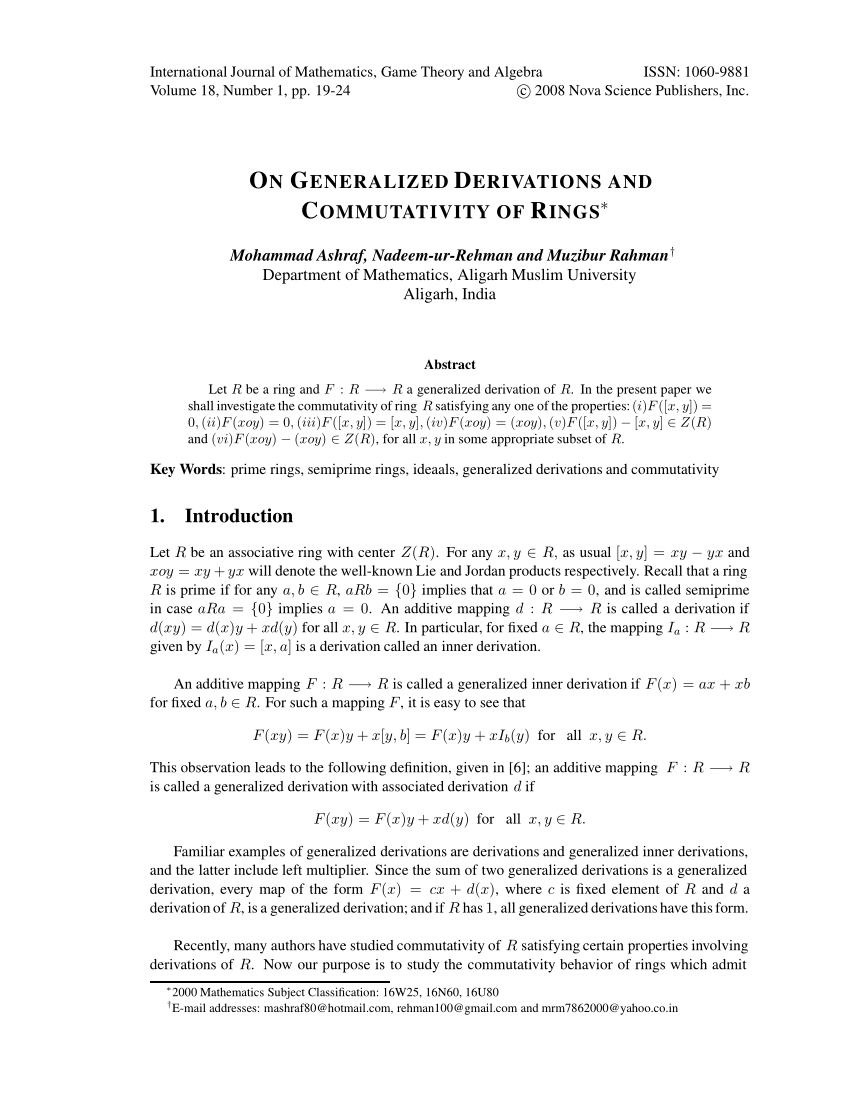 Pdf On Generalized Derivations And Commutativity Of Rings