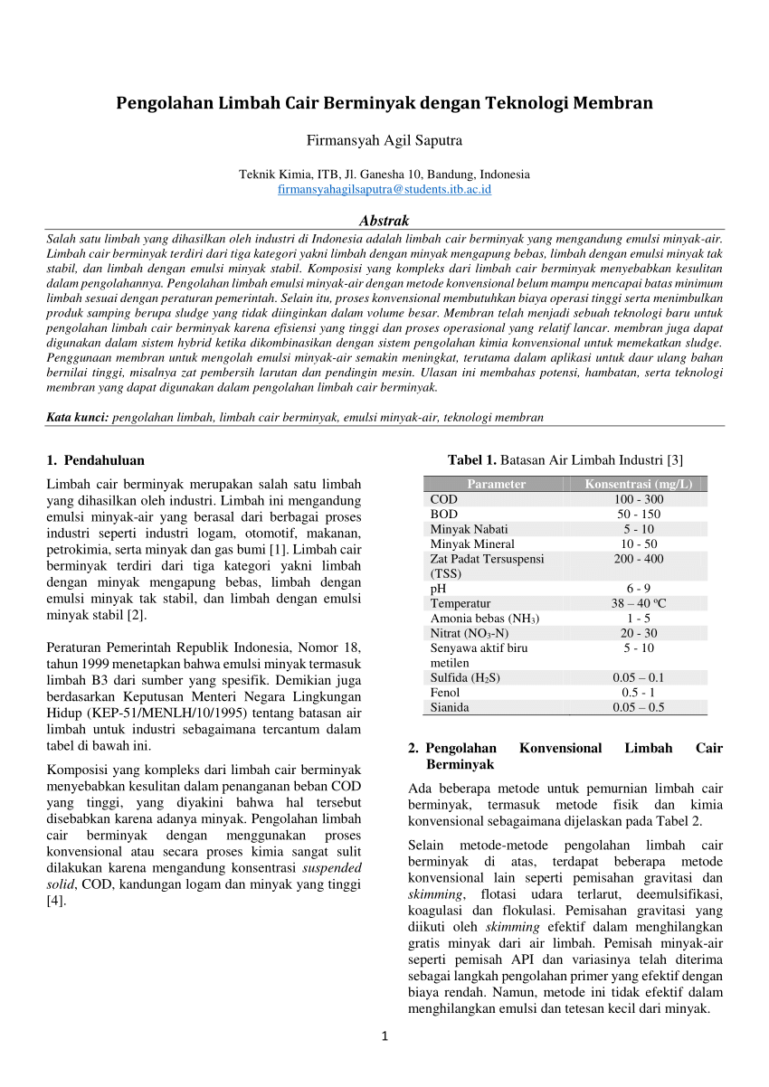 Pdf Pengolahan Limbah Cair Berminyak Dengan Teknologi Membran
