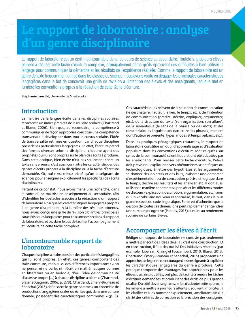 (PDF) Le rapport de laboratoire  analyse d'un genre disciplinaire