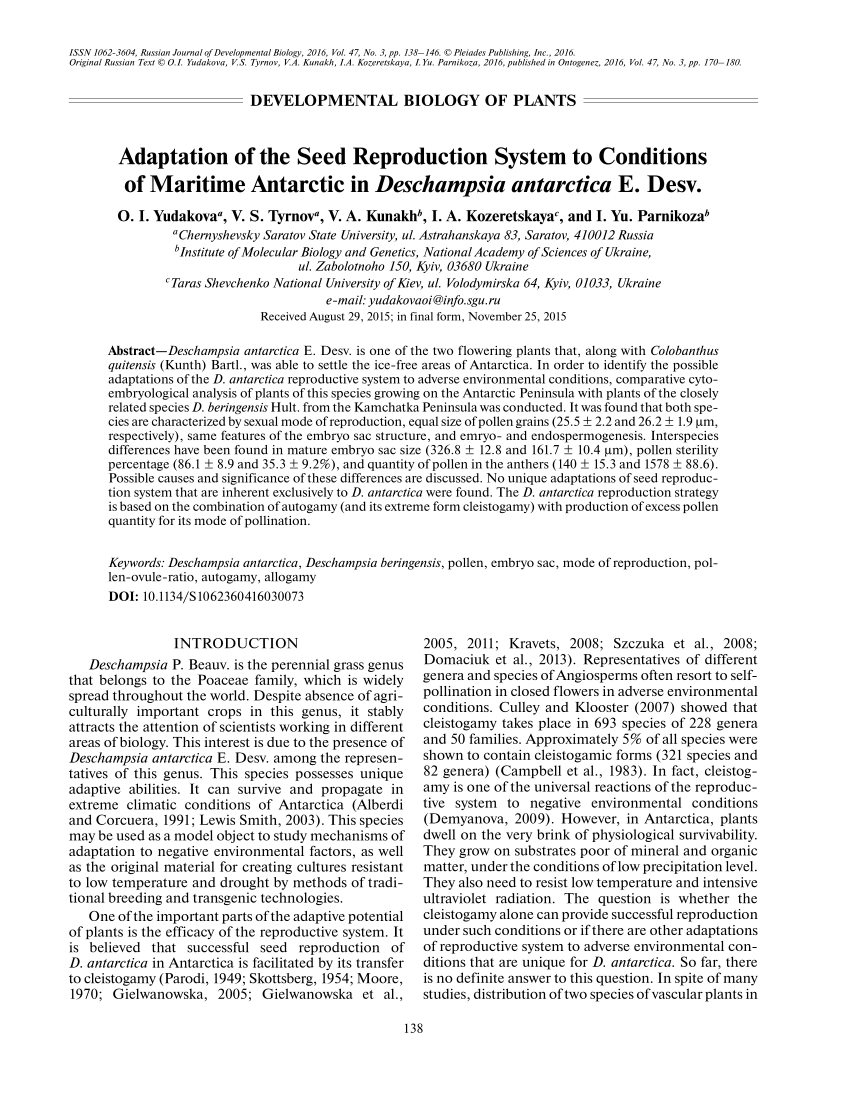 PDF) Adaptation of the Seed Reproduction System to Conditions of Maritime  Antarctic in Deschampsia antarctica E. Desv.