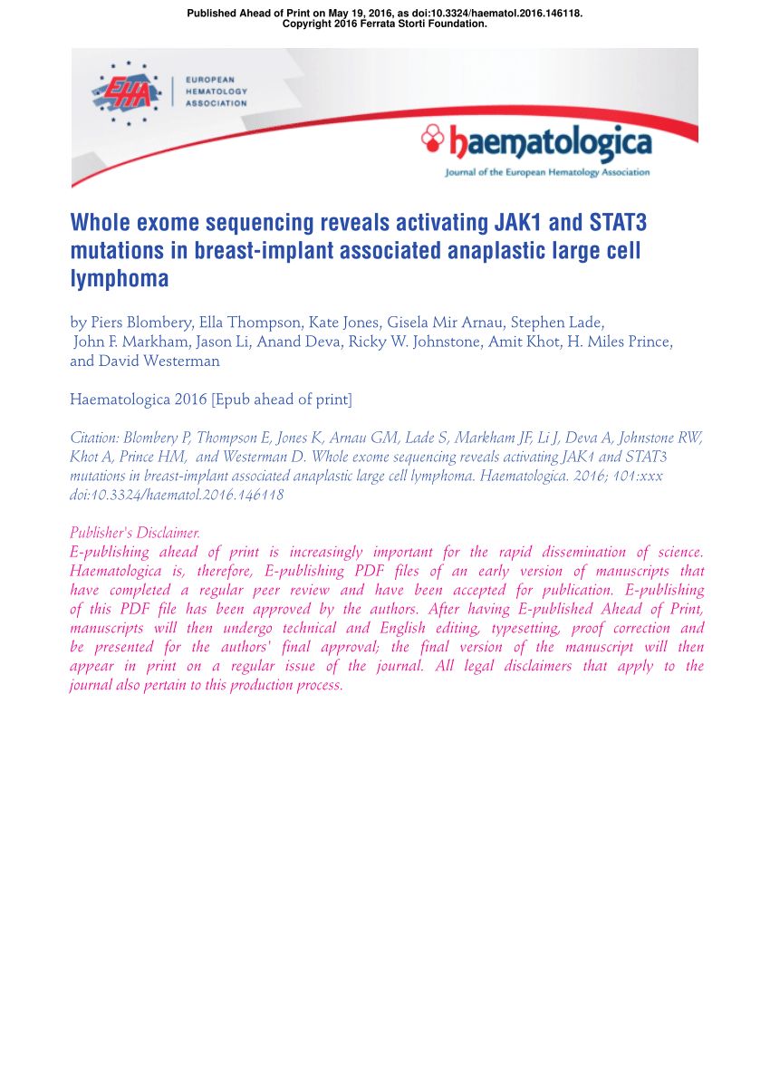 PDF Whole exome sequencing reveals activating JAK1 and STAT3  