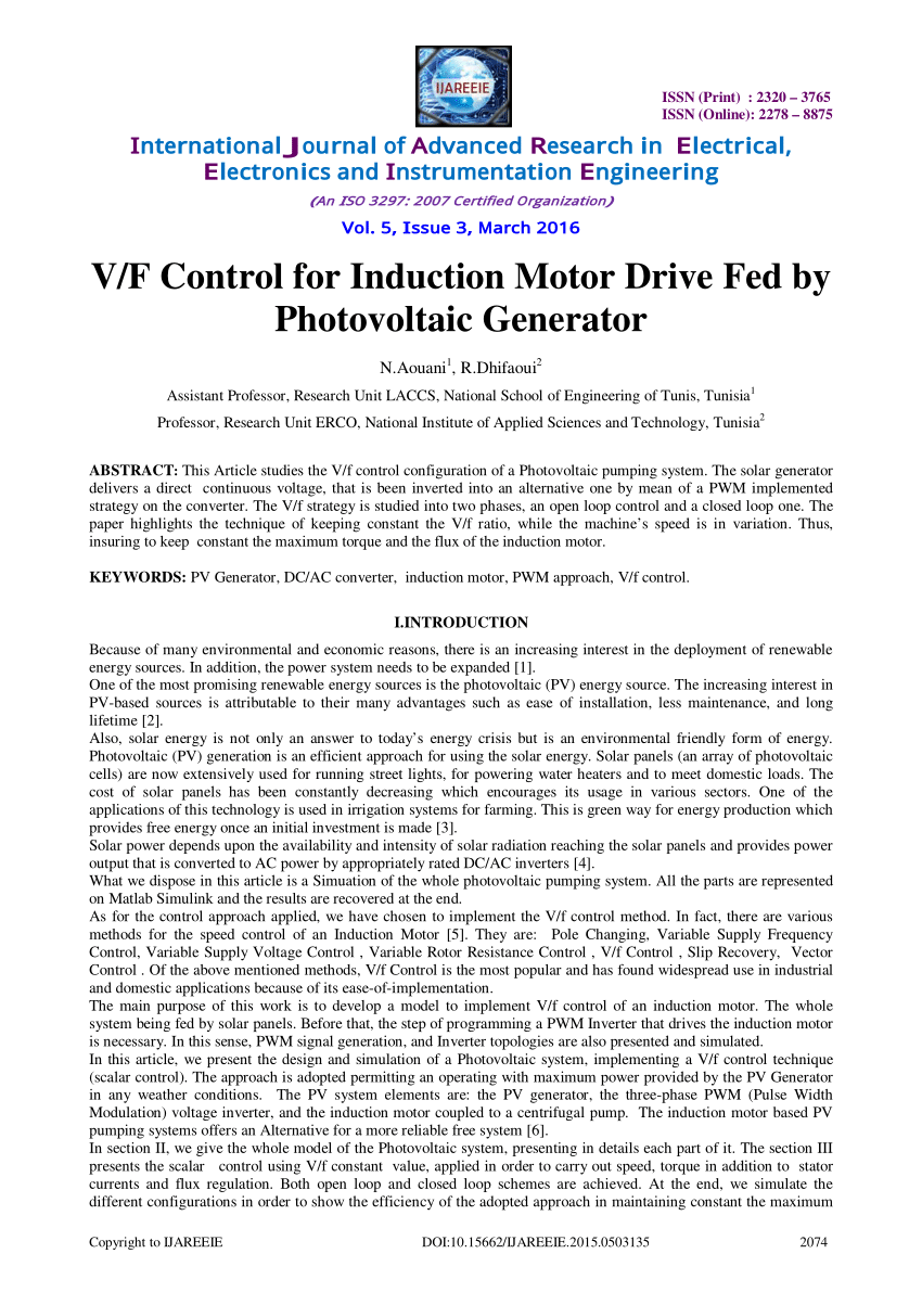 Pdf V F Control For Induction Motor Drive Fed By Photovoltaic Generator