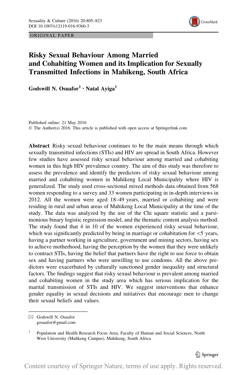 PDF) Risky Sexual Behaviour Among Married and Cohabiting Women and its Implication for Sexually Transmitted Infections in Mahikeng, South Africa